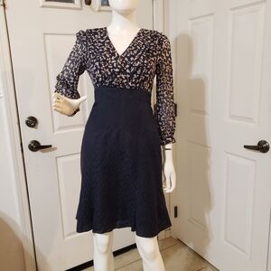 Anna Sui For Anthropologie Chic Navy Patterned Long Sleeve Dress